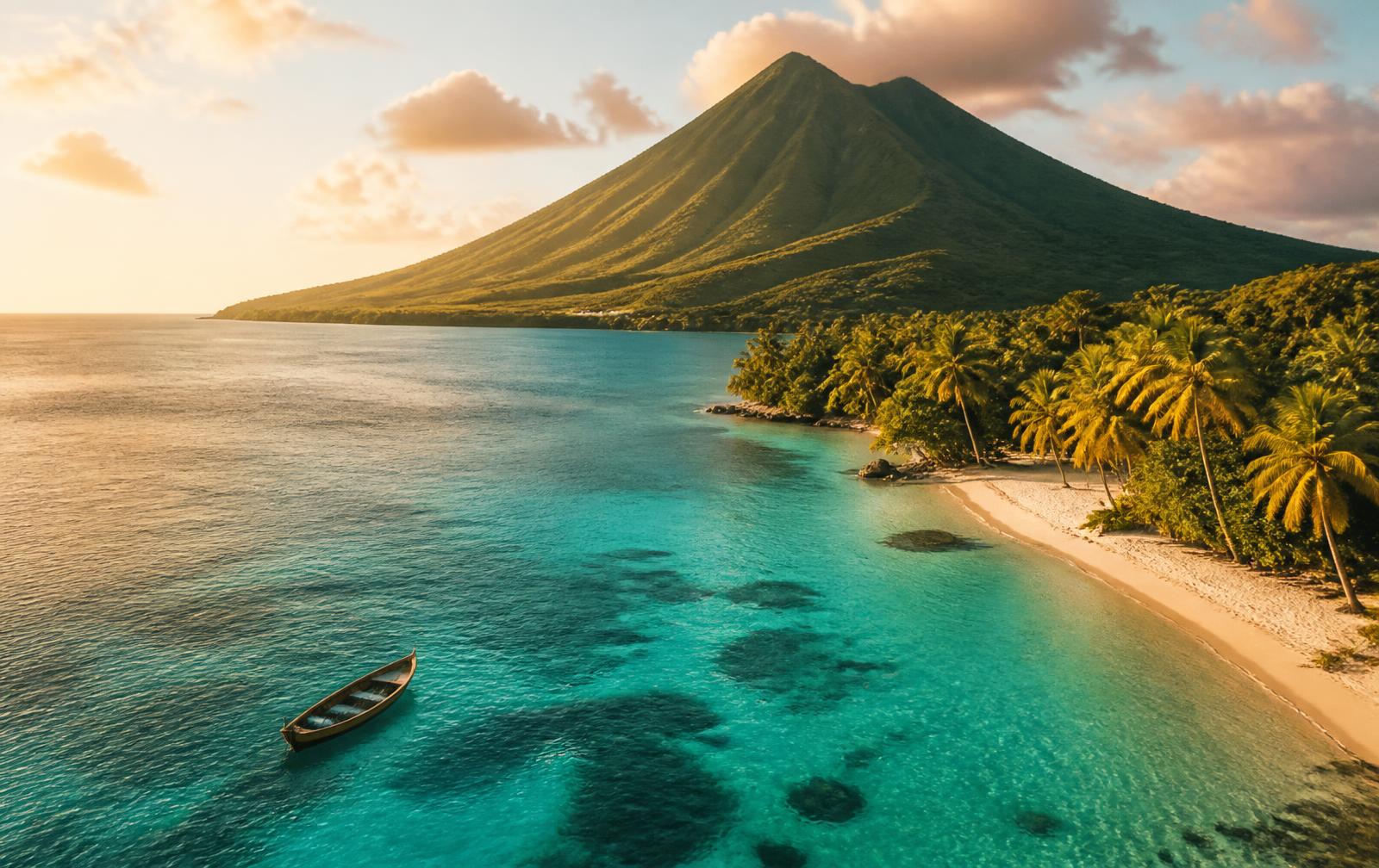 Nevis Peak rising over turquoise Caribbean water, St. Kitts & Nevis
